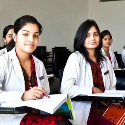 Medical students in white coats studying in a classroom